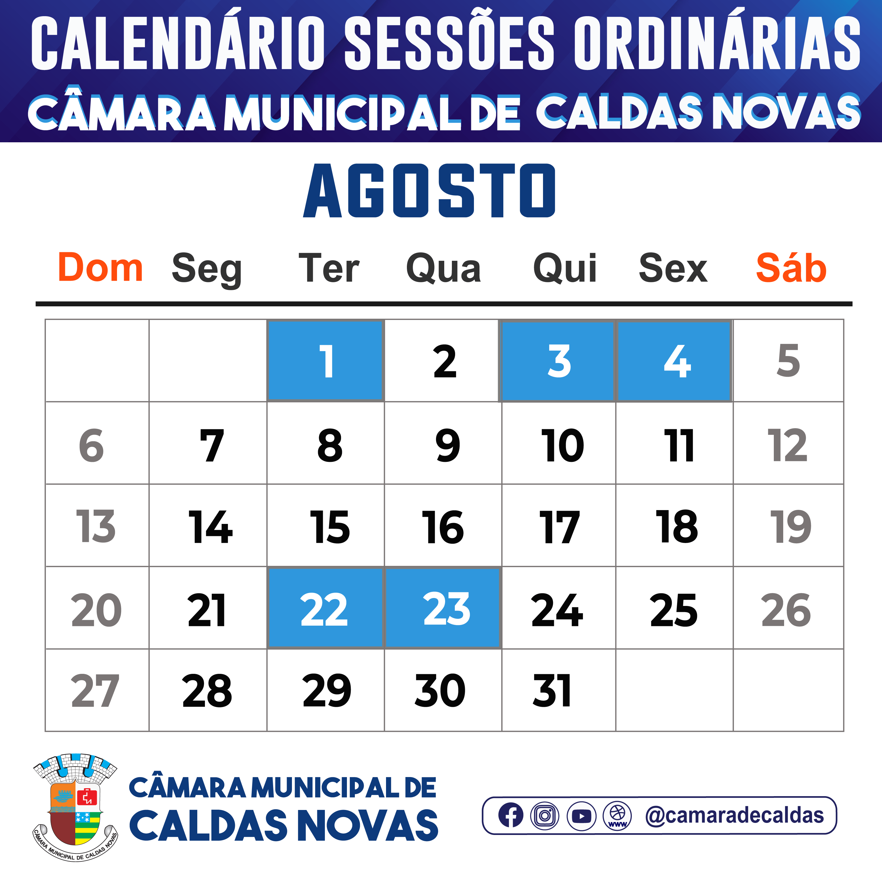 CÂMARA MUNICIPAL DIVULGA CALENDÁRIO DAS SESSÕES DO SEGUNDO SEMESTRE
